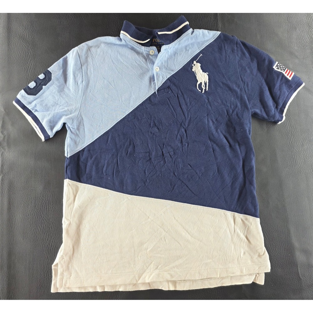 Polo Ralph Lauren Boys L 14-16 Colorblock Big Pony Polo Shirt Navy Blue Flag 3
